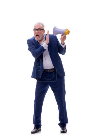 Photo for Old male boss holding megaphone isolated on white - Royalty Free Image