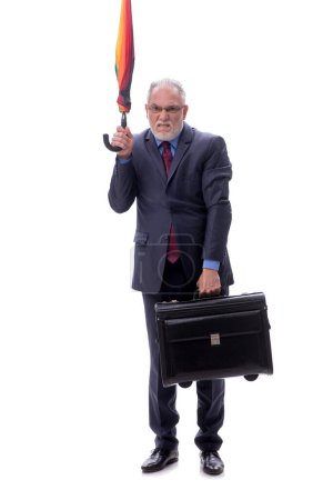 Téléchargez les photos : Homme d'affaires avec un parapluie et des bagages isolés sur blanc - en image libre de droit