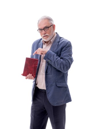 Photo for Old male teacher holding book isolated on white - Royalty Free Image