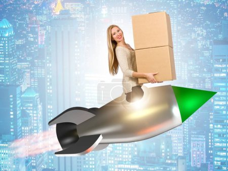 Photo for The woman in fast box delivery service on rocket - Royalty Free Image