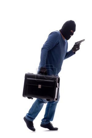Photo for Young burglar holding bag isolated on white - Royalty Free Image