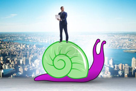 Businessman with snail in the slow business concept