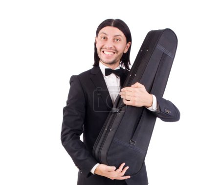 Foto de Hombre con estuche de violín aislado en blanco - Imagen libre de derechos