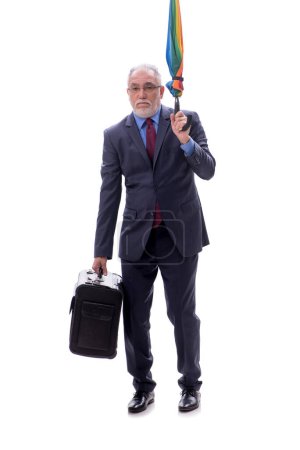 Homme d'affaires avec un parapluie et des bagages isolés sur blanc