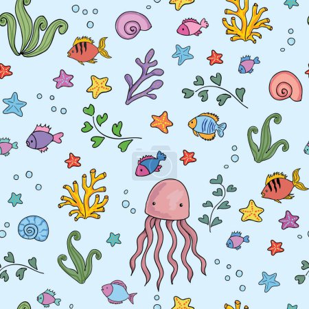 Seamless patterns with fishes, various seaweed and octopus. Vector illustration for textile print, background, wallpaper, decorative paper and other design.