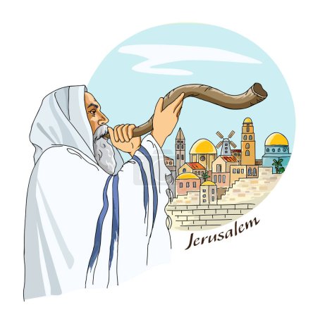 Téléchargez les illustrations : Juif en tallit soufflant le shofar de Roch Hachana. Illustration de dessin - en licence libre de droit