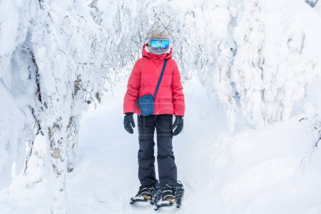 Téléchargez les photos : Mignon pré-adolescent fille randonnée en raquettes dans la forêt d'hiver parmi les arbres recouverts de neige en Laponie Finlande - en image libre de droit