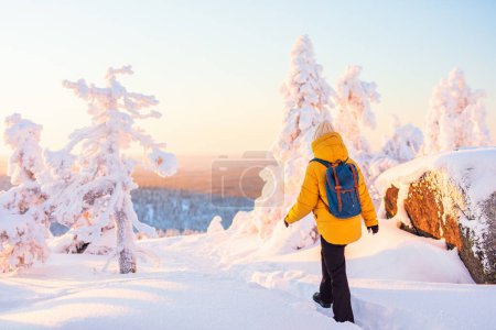 Téléchargez les photos : Jeune femme bénéficiant d'une vue imprenable sur la forêt d'hiver avec des arbres enneigés en Laponie Finlande - en image libre de droit