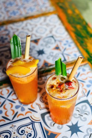 Photo for Close up of colorful tropical ice teas served in a bar or cafe - Royalty Free Image