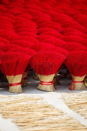 Photo for Red incense sticks drying outdoor in village near Hanoi in Vietnam - Royalty Free Image
