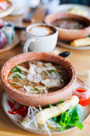 Photo for Pho Ga Vietnamese fresh rice noodle soup with chicken - Royalty Free Image