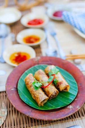 Photo for Vietnamese fried spring rolls with sweet chili sauce - Royalty Free Image