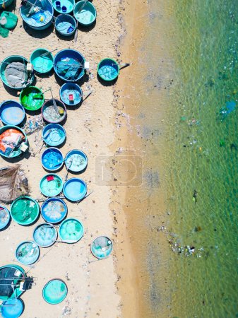Photo for Top view of traditional vietnamese round basket boats on beach - Royalty Free Image