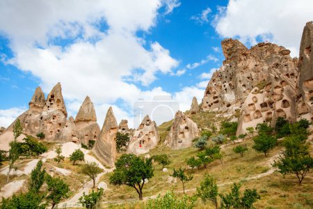 Foto de Increíble vista del paisaje de formaciones rocosas y chimeneas de hadas cerca del castillo de Uchisar en Capadocia Turquía - Imagen libre de derechos