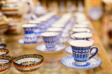 Photo for Colorful small ceramic cups and bowls for sale in Avanos pottery village in Cappadocia Turkey - Royalty Free Image