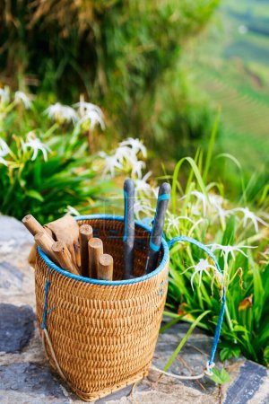 Téléchargez les photos : Outils de jardin en bambou vietnamien panier - en image libre de droit