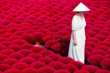 Photo for Beautiful woman wearing conical hat among pink incense sticks drying outdoor in village near Hanoi in Vietnam - Royalty Free Image