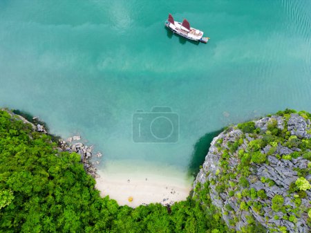 Photo for Scenic view from above of beach and turquoise water near island in Halong Bay Vietnam - Royalty Free Image