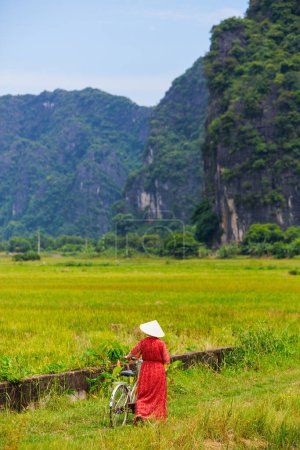 Foto de Hermosa mujer con vestido rojo y sombrero cónico vietnamita caminando con bicicleta en los campos de arroz de Ninh Binh en Vietnam - Imagen libre de derechos