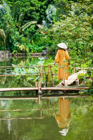 Photo for Back view of beautiful woman wearing yellow dress and vietnamese conical in tropical surroundings by lake in Vietnam - Royalty Free Image