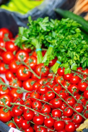 Photo for Close up of fresh organic cherry tomatos at outdoor market - Royalty Free Image
