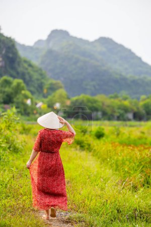 Schöne Frau in rotem Kleid und vietnamesischem Kegelhut, die auf den Reisfeldern von Ninh Binh in Vietnam spaziert
