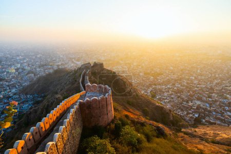 Magnificent sunset with aerial view over Jaipur India from Nahargarh fort