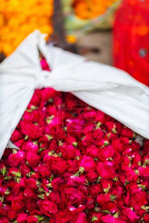 Photo for Indian rose petals at outdoor flower market in Jaipur India - Royalty Free Image