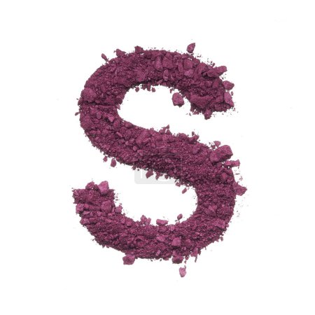 Stencil capital letter made by burgundy crushed eye shadow or broken powder isolated on white background.