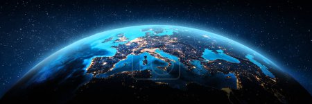 Foto de Europa de las luces de las ciudades espaciales. Elementos de esta imagen proporcionados por la NASA. renderizado 3d - Imagen libre de derechos