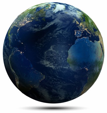 Téléchargez les photos : Planète Terre ville lumières blanc isolé. Éléments de cette image fournis par la NASA. Rendu 3d - en image libre de droit
