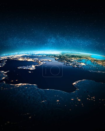Téléchargez les photos : Méditerranéenne la nuit. Éléments de cette image fournis par la NASA. Rendu 3d - en image libre de droit