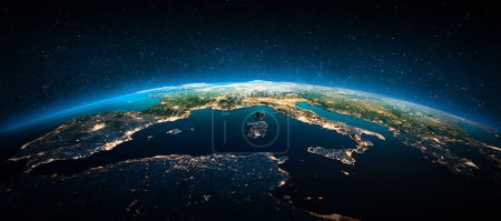 Téléchargez les photos : Europe lumières de la ville méditerranéenne. Éléments de cette image fournis par la NASA. Rendu 3d - en image libre de droit