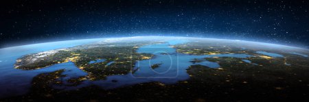 Foto de Escandinavia, paisaje del espacio. Elementos de esta imagen proporcionados por la NASA. renderizado 3d - Imagen libre de derechos