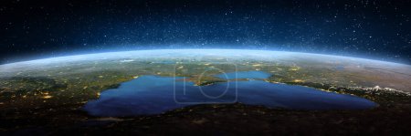 Foto de Ucrania, Crymea, Mar Negro, paisaje rana espacio. Elementos de esta imagen proporcionados por la NASA. renderizado 3d - Imagen libre de derechos