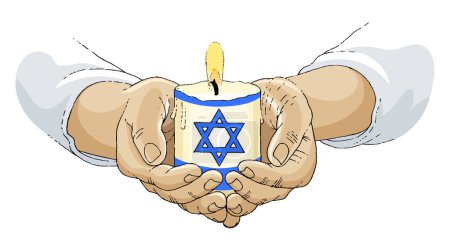 Bandera de Israel sobre una vela sostenida por las manos.