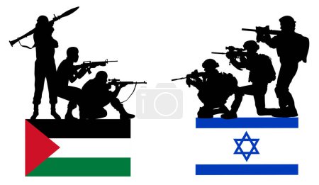 Israelisches Militär gegen palästinensisches Militär. Silhouetten von Militärs in verschiedenen Posen