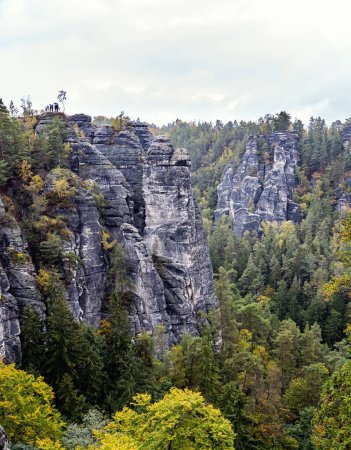 Téléchargez les photos : L'Allemagne. Les pittoresques falaises sablonneuses de Bastei, à 200 mètres au-dessus de l'Elbe, sont une attraction touristique célèbre. Route des artistes Malerweg en Saxe Suisse. - en image libre de droit
