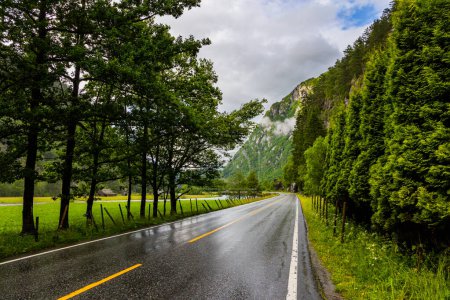 Foto de The rain-wet highway glitters in the fog. Lush clouds and constant cold rain. Scenic road in the mountains of Western Norway. Norway. Scandinavia. Summer, July - Imagen libre de derechos