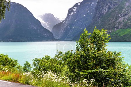 Foto de The banks of the picturesque Lovatnet. Northern Europe in July. Summer trip to Norway. Warm cloudy day - Imagen libre de derechos