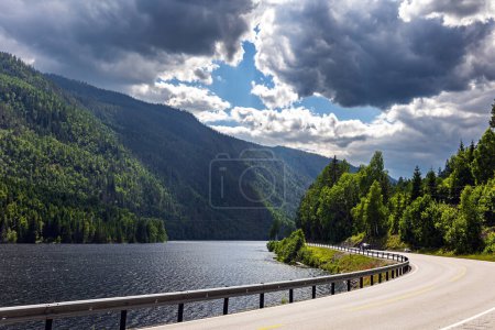 Foto de Scenic road to Roldal. Beautiful lake among the green flowering hills. Journey to Western Norway. Warm cloudy July day - Imagen libre de derechos