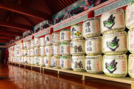 Photo for Sake vault is a traditional Japanese alcoholic drink. drinking a cup of sake in the temple meant an act of unity with higher powers. The temple and shrine of Nikko Tosho-gu - Royalty Free Image