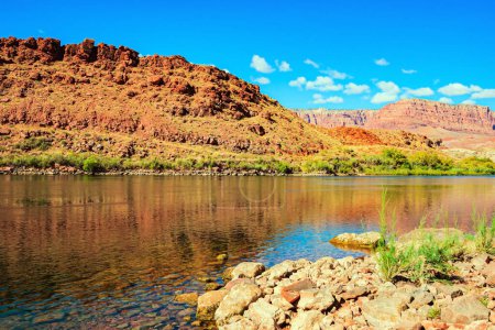 Photo for The historic Lees Ferry on the Colorado River. The multicolored canyon of orange and red Navajo sandstones. The water of the Colorado River reflects the steep rocks. - Royalty Free Image