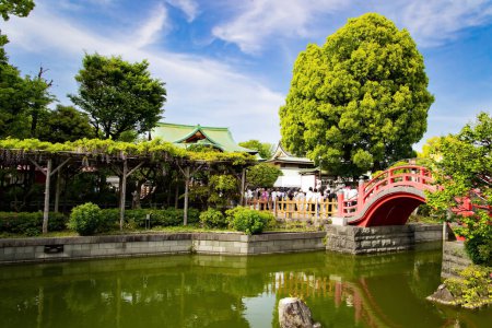 Téléchargez les photos : TOKYO, JAPON - 21 AVRIL 2023 : Des étangs pittoresques et un petit pont rouge ornent les jardins du temple. "Flower Temple" de Kameido Tenjin. Le temple est dédié au saint patron des étudiants - en image libre de droit