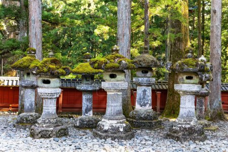 Photo for Nikko Tosho-gu is a Shinto shrine in Nikko. Built in 1617. The even rows of stone sculptures - lanterns. Japan. Majestic pine forest and ancient temple. - Royalty Free Image