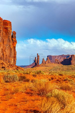Photo for Navajo Indian Reservations. USA. Monument Valley Sentinel Mesa and rocks Three Nuns. Monument Valley is a unique geological formation in Arizona and Utah. Sunset - Royalty Free Image