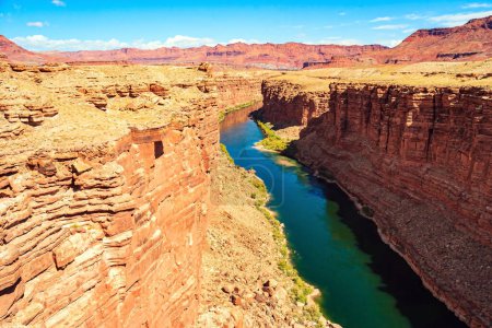 Photo for United States of America. Deep and narrow canyon of the Colorado River. The multicolored canyon of red Navajo sandstones. The water of the Colorado River reflects the surrounding rocks. - Royalty Free Image