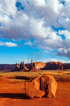 Photo for Navajo Indian Reservations. USA. Monument Valley rocks Three Nuns.  Monument Valley is a unique geological formation in Arizona and Utah. Sunset - Royalty Free Image