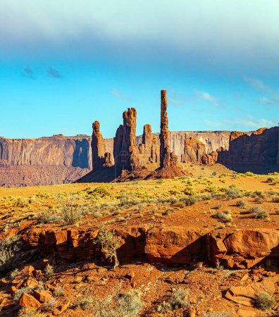 Photo for Navajo Indian Reservations. USA. Monument Valley rocks Three Nuns and Sentinel Mesa. Monument Valley is a unique geological formation in Arizona and Utah. Sunset - Royalty Free Image