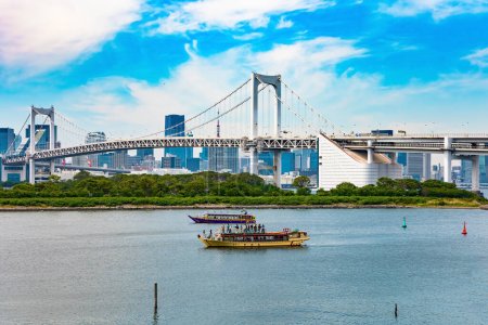 Odaiba is large artificial island in Tokyo Bay. The island is connected by the Rainbow Bridge to the center of Tokyo. Japan. Sea trams run along the sea.